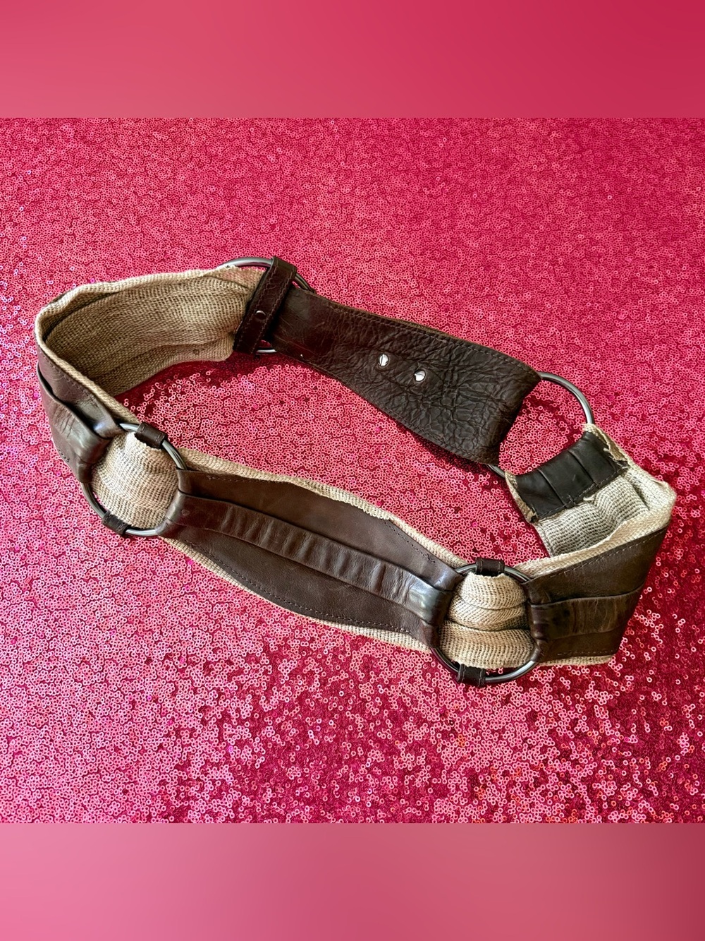 🐴 VINTAGE Brown Leather Burlap Large Ring Rustic Wide Belt